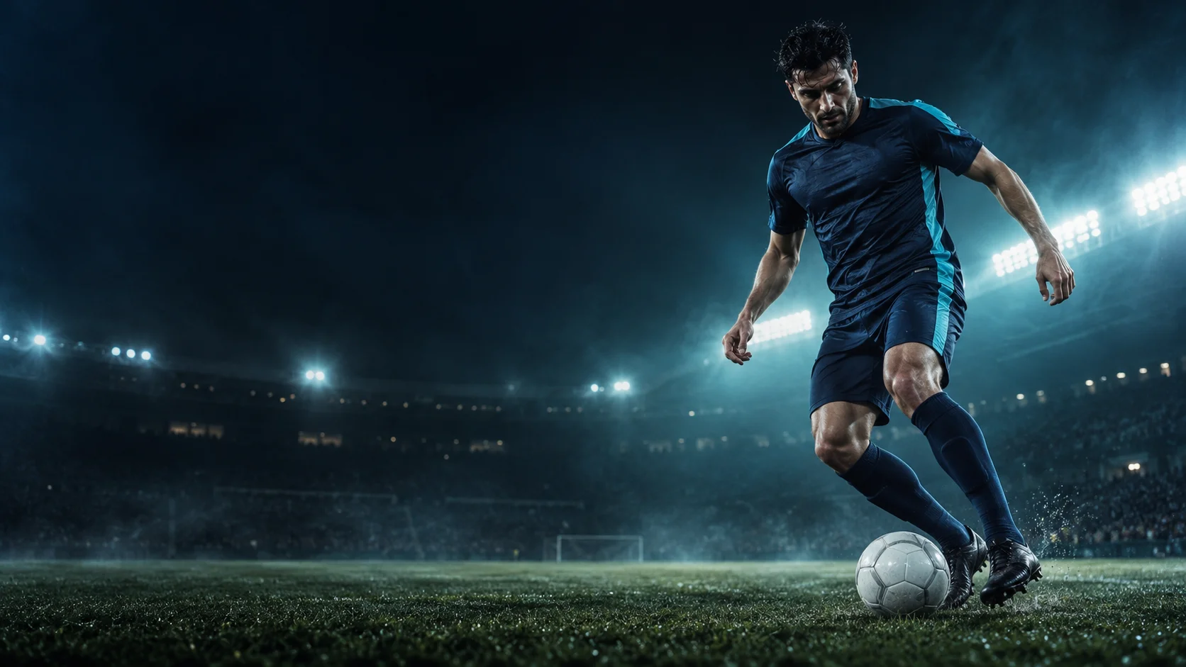 Lacivert ve turkuaz formalı futbolcu gece sahasında