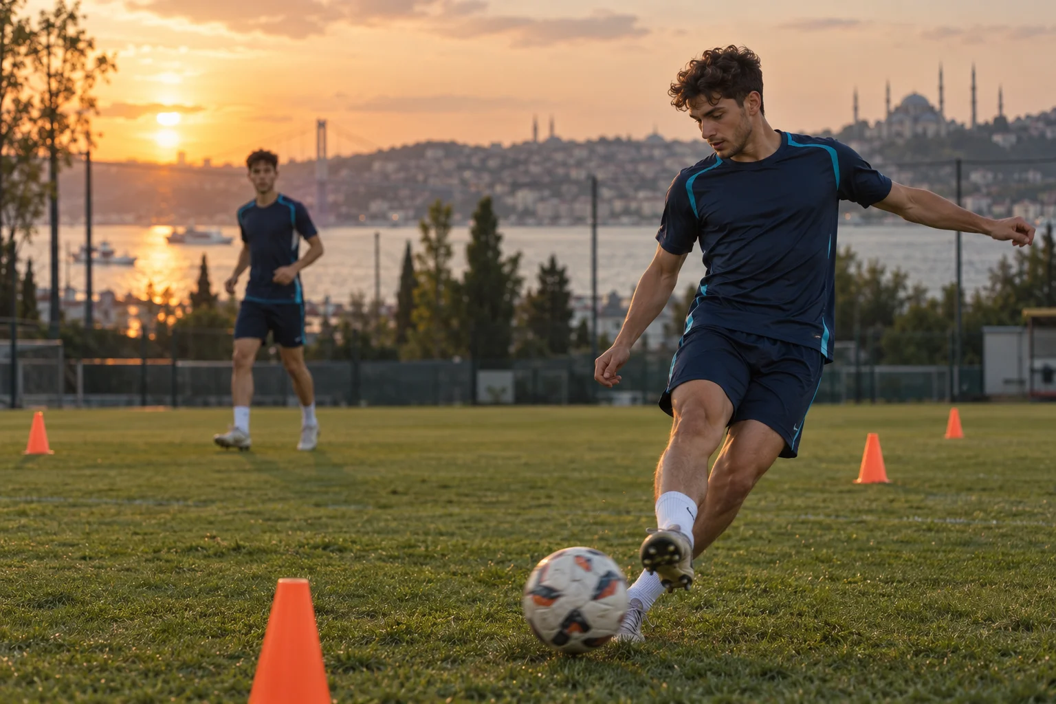 Gün batımında antrenman yapan futbolcular